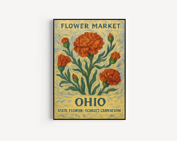 Ohio State Flower Art Print, Scarlet Carnation 1960_s Wall Art, Neutral Botanical Pastel Artwork, Ohio Flower Market Decor, C31-51
