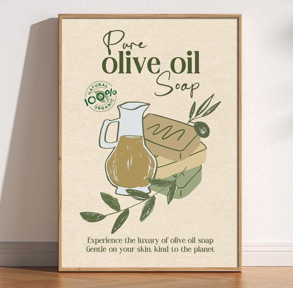 Olive Oil Soap Bathroom Print, Vintage Inspired Retro Mid Century Wall Art, Natural Organic Bath Decor, Rustic Country Poster, En Suite Art 1872889194