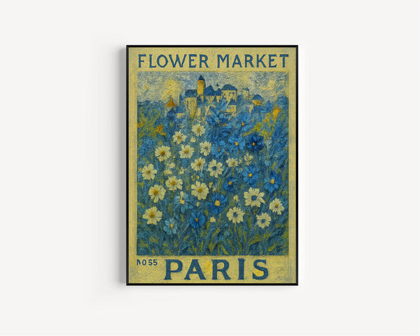 Paris Flower Market Poster, Blue Floral Art, Blue Botanical Wall Art, Paris Travel Art, Blue and White Posters, Flower Art Collection
