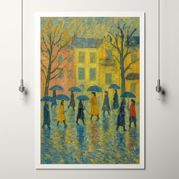 Pastel Umbrella Wall Art Cute Spring Rain Artwork Beige Farmhouse Decor Neutral Spring Village Canva