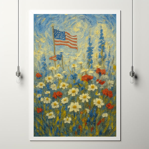 Patriotic American Flag 4th of July Flower Wall Art Garden Scene, USA Celebration Gift