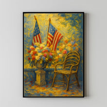 Patriotic American Flag 4th of July Wreaths Wall Art Garden Scene, USA Celebration Gift Neutral Floral