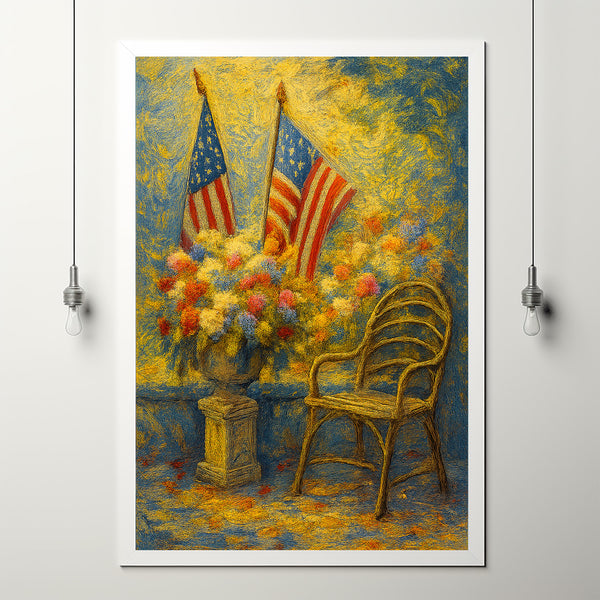 Patriotic American Flag 4th of July Wreaths Wall Art Garden Scene, USA Celebration Gift Neutral Floral