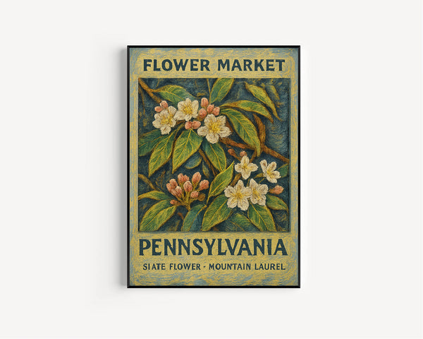 Pennsylvania State Flower Art Print, Mountain Laurel 1960s Wall Art, Neutral Botanical Pastel Artwork, Pennsylvania Flower Market, C31-67