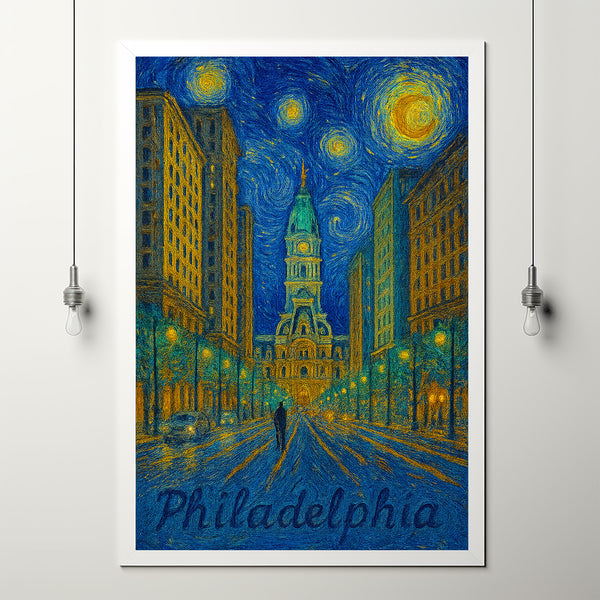 Philadelphia PA, USA, Anime Style, Canvas, Poster. Philadelphia City Hall Art, Night Cityscape Print, Travel Gift, Home Decor