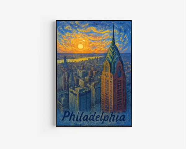Philadelphia USA, Van Gogh Style Poster, Cityscape Canvas Art, Sunset Skyline Print, Office Wall Decor, Philadelphia Gift, Travel Print, Framed