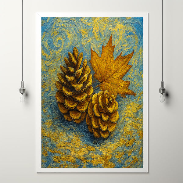 Pinecone Fall Art Print, Autumn Wall Art Holiday Decor, Pinecone with a Fall Leaf Vintage Decor