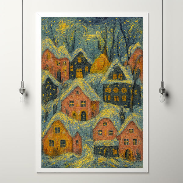Pink Christmas Village Wall Poster Whimsical Village Wall Art Pink Winter Poster for Winter Holiday