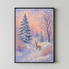 Pink Winter Forest Print, Snowy Christmas Trees Printable, Cute Reindeer Wall Art, Girly Holidays Poster