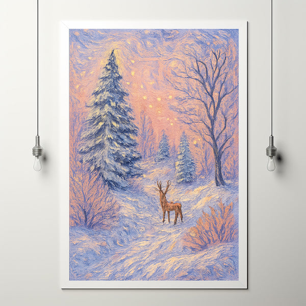 Pink Winter Forest Print, Snowy Christmas Trees Printable, Cute Reindeer Wall Art, Girly Holidays Poster
