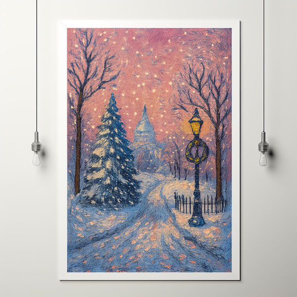 Pink Winter Village Print, Snowy Town Painting, Girly Holidays Poster, Cute Christmas Wall Art