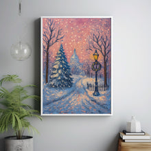Pink Winter Village Print, Snowy Town Painting, Girly Holidays Poster, Cute Christmas Wall Art