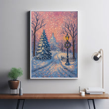 Pink Winter Village Print, Snowy Town Painting, Girly Holidays Poster, Cute Christmas Wall Art