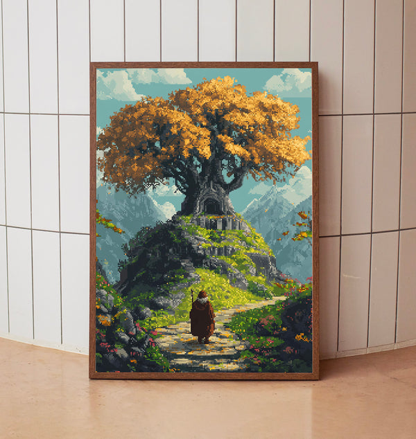 Pixelated Hobbits Fantasy Poster – Vintage-Inspired Home Decor