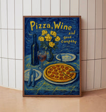 Pizza Wine And Good Company Colourful Illustration Retro Print - 90s Cool Kitchen Dining Room, Trendy Contemporary Dinner Party Wall Art