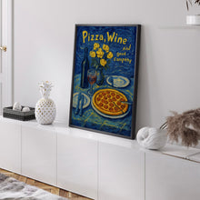 Pizza Wine And Good Company Colourful Illustration Retro Print - 90s Cool Kitchen Dining Room, Trendy Contemporary Dinner Party Wall Art