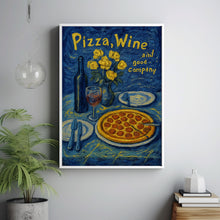 Pizza Wine And Good Company Colourful Illustration Retro Print - 90s Cool Kitchen Dining Room, Trendy Contemporary Dinner Party Wall Art