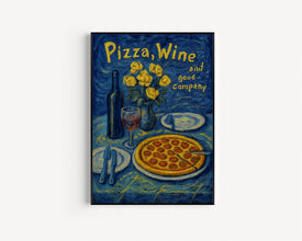 Pizza Wine And Good Company Colourful Illustration Retro Print - 90s Cool Kitchen Dining Room, Trendy Contemporary Dinner Party Wall Art