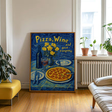 Pizza Wine And Good Company Colourful Illustration Retro Print - 90s Cool Kitchen Dining Room, Trendy Contemporary Dinner Party Wall Art