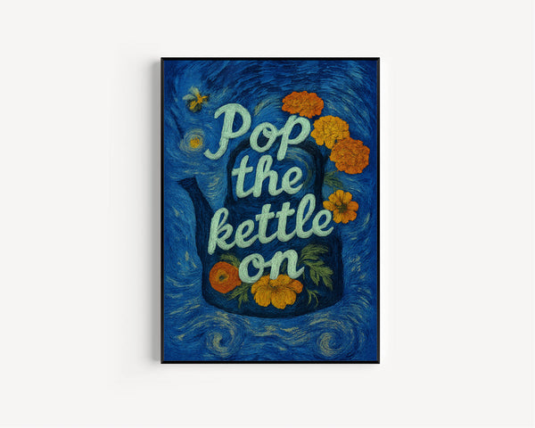 Pop The Kettle On 70s Flower Retro Print - Cup of Tea, Cuppa, Tea, Coffee, Kitchen Poster, Cafe, Flower Power, Muted Florals, Trendy Modern