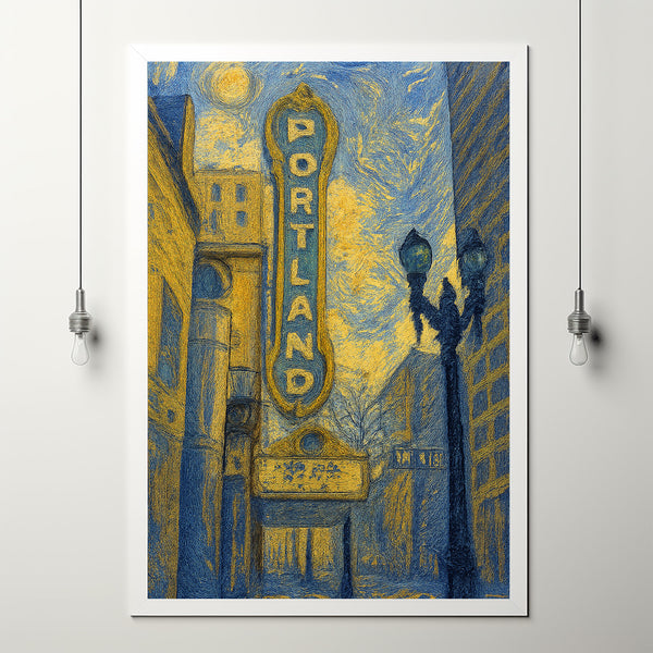 Portland USA, Anime Style Artwork, Cityscape Canvas, Downtown Theater Sign, Movie House Poster, Framed, Unframed Options