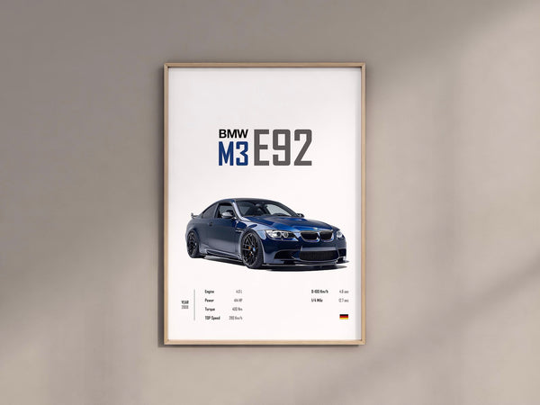 Poster BMW E92 M3 Car Poster  A1-A4 Car Portrait Wall Art BMW Lovers Print for Kids Boys Room supercar Decor Home Office Nursery