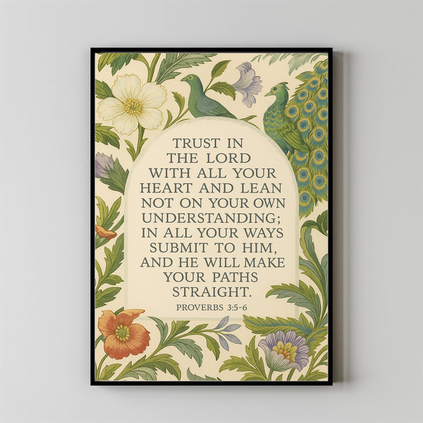 Proverbs 3 5 6  Trust in the Lord Modern Christian Wall Art, Scripture Art, Bible Verse Decor MidCentury Peacock Art  Print or Canvas
