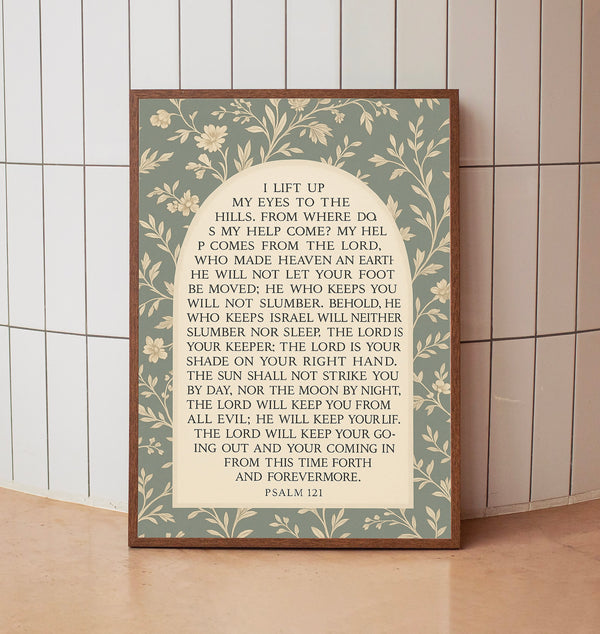 Psalm 121, Christian Wall Art with Vintage Floral Toile Art, Square Print I Lift My Eyes to the Hills Bible Verse Print or Canvas