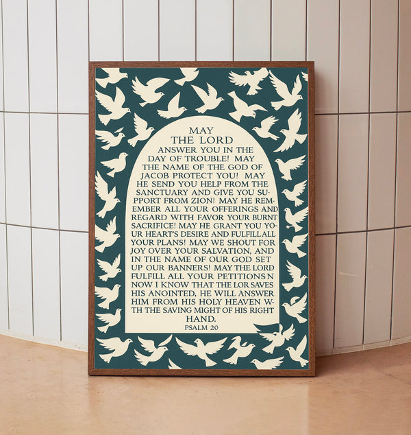 Psalm 20 Bible Verse Framed Wall Art Decor Christian Gift, Vintage Blue and White Bird Pattern, Scripture
