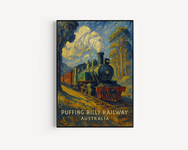 Puffing Billy Vintage Poster, Scenic Railway Art Featuring a Steam Train in the Dandenong Ranges, Australia Wall Decor