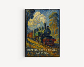 Puffing Billy Vintage Poster, Scenic Railway Art Featuring a Steam Train in the Dandenong Ranges, Australia Wall Decor
