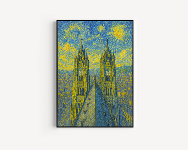 Quito Ecuador Van Gogh Style Poster, Canvas, Architectural Art, City View, Gothic Cathedral Towers