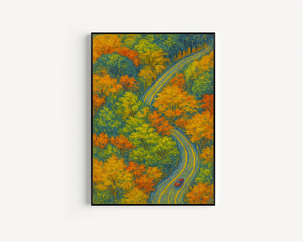 Raleigh, USA, Van Gogh Style, Forest Drive Canvas, Poster, Trees, Autumn Colors, Road Trip, Fall Season, Scenic Landscape, Wall Art