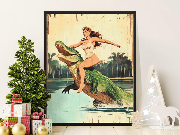 Retro Alligator Rider Poster, Vintage Art Print, Swamp Adventure Wall Decor, Unique Home Decor, Alligator Artwork, Retro Style Poster 1856303373