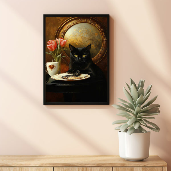 Retro Black Cat & Coffee Wall Art Print, TeaCups Vintage Kitchen Decor, Dining Room Artwork, Still Life Painting 2