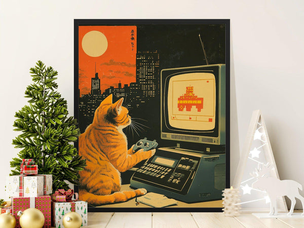 Retro Cat Playing Video Game, Vintage Gaming Poster, Cat Art Print, Retro Computer Decor, Gamer Wall Art, Cat Lover Gift, Geek Decor 1858911589