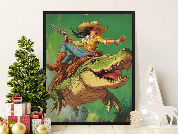 Retro Cowgirl Riding Alligator Poster, Vintage Western Wall Art, Unique Home Decor, Kids Room Art, Fun Alligator Poster 1842102198