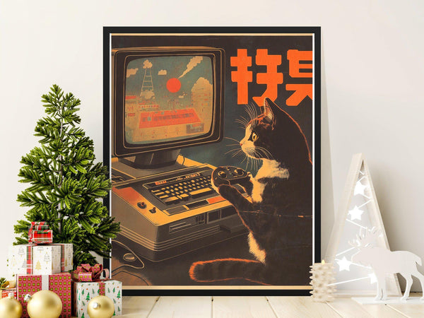 Retro Gaming Cat Vintage Poster, Cute Cat Playing Video Games Art Print, Retro Japanese Style Cat Wall Decor, Cool Cat Lovers Gift 1860515621