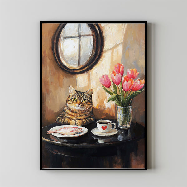 Retro Ginger Cat & Coffee Wall Art Print, TeaCups Vintage Kitchen Decor, Dining Room Artwork