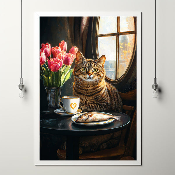 Retro Ginger Cat & Coffee Wall Art Print, TeaCups Vintage Kitchen Decor, Dining Room Artwork2