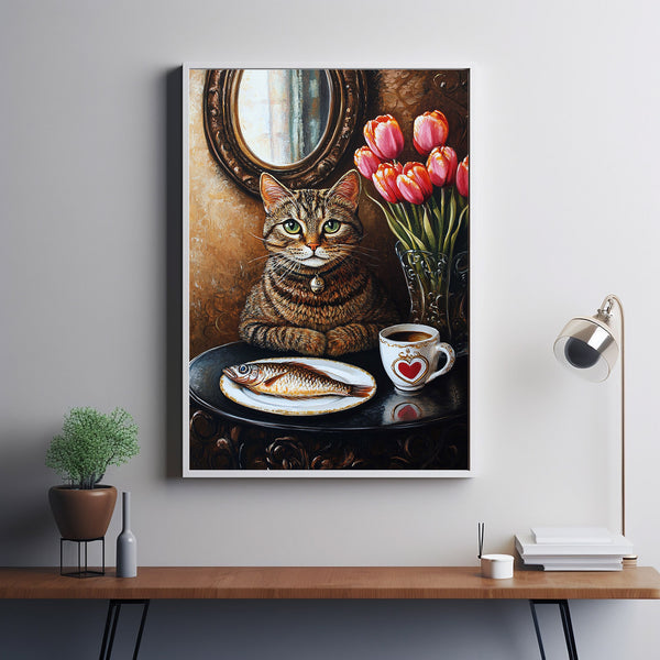 Retro Ginger Cat & Coffee Wall Art Print, TeaCups Vintage Kitchen Decor, Dining Room Artwork1
