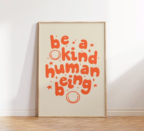 Retro Groovy Wall Art, Be a Kind Human Print, Digital Download print, Printable art, Retro Orange poster, Wall Decor, Inspirational print 1580641003