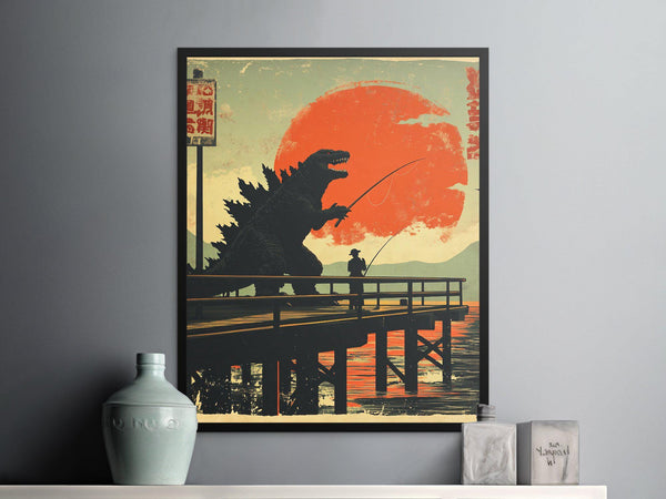 Retro Japanese Monster Fishing Poster, Vintage Godzilla Print, Anime Wall Art, Giant Creature Sunset, Sci-Fi Decor, Gift Idea 1846593811