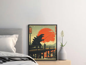Retro Japanese Monster Fishing Poster, Vintage Godzilla Print, Anime Wall Art, Giant Creature Sunset, Sci-Fi Decor, Gift Idea 1846593811