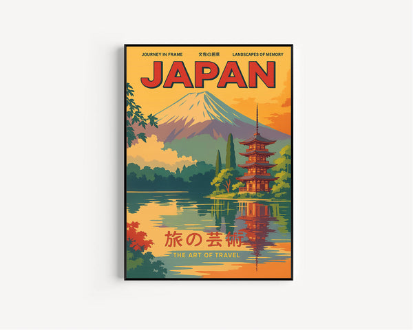 Retro Mount Fuji and Pagoda Wall Art - Kyoto Temple and Lake Artwork - Traditional Japanese Travel Poster – Poster, Framed and Canvas Print