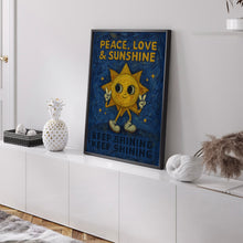 Retro Sunshine Character Peace, Love and Sunshine - Keep Shining, Retro Cartoon, Red Pink, Love, Fun Bold Colourful Home Poster, 80s 90s Art