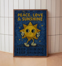 Retro Sunshine Character Peace, Love and Sunshine - Keep Shining, Retro Cartoon, Red Pink, Love, Fun Bold Colourful Home Poster, 80s 90s Art