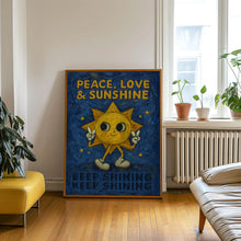 Retro Sunshine Character Peace, Love and Sunshine - Keep Shining, Retro Cartoon, Red Pink, Love, Fun Bold Colourful Home Poster, 80s 90s Art