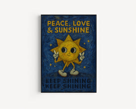 Retro Sunshine Character Peace, Love and Sunshine - Keep Shining, Retro Cartoon, Red Pink, Love, Fun Bold Colourful Home Poster, 80s 90s Art