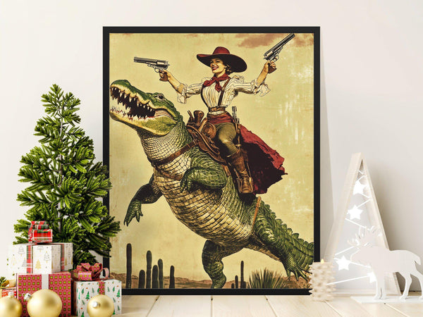 Retro Wild West Woman Riding Alligator Poster, Vintage Western Artwork, Unique Cowboy Gunfighter Wall Art, Rustic Home Decor Print 1852671807